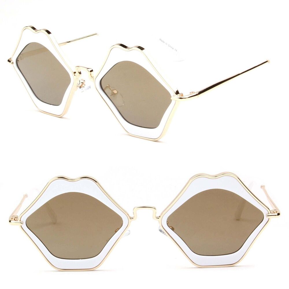 Women Fashion Kissing Lip Shape Hippie Party White Mirrored Lens Sunglasses